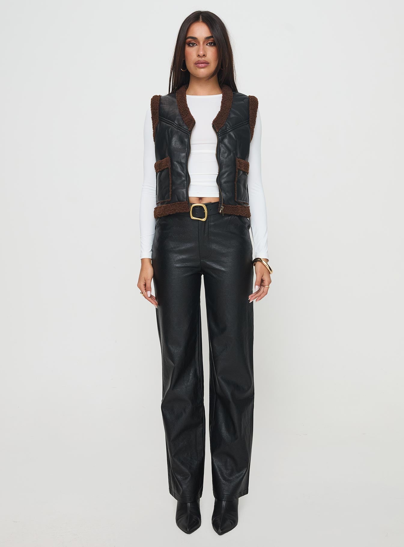 Benner Low Waist Wide Leg Faux Leather Pants Black、mySite、solidvoid