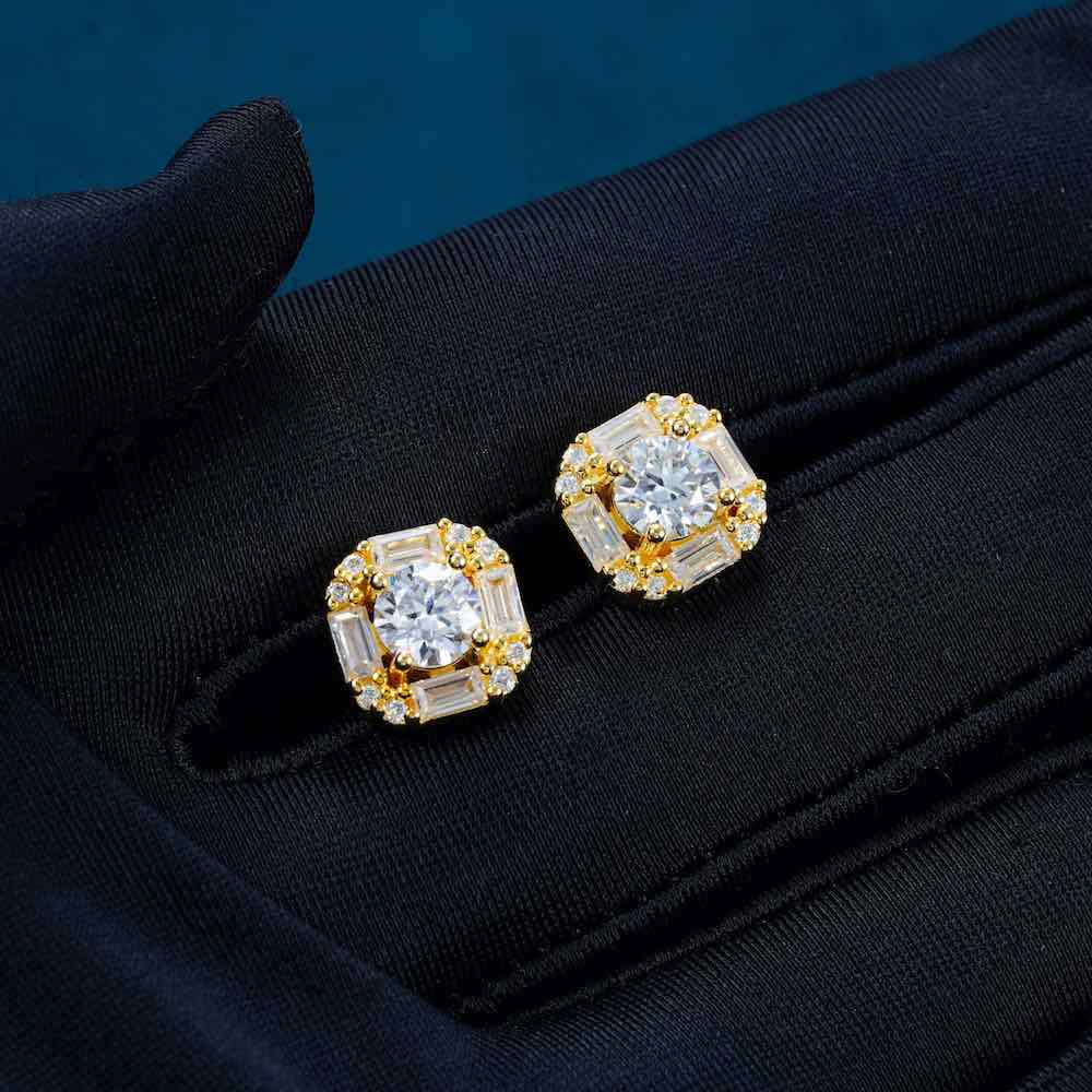 Moissanite Baguette Halo Stud Earrings 14K Gold、mySite、hinf8tx79