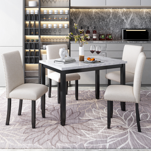 TREXM Faux Marble 5-Piece Dining Set Table with 4 Thicken Cushion Dining Chairs Home Furniture, White/Beige+Black、、casual