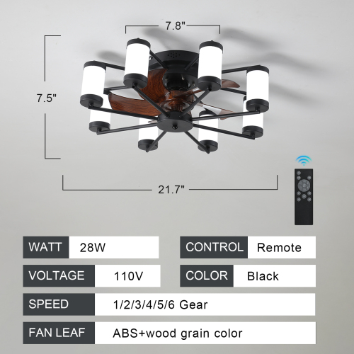21.7 inch Ceiling Fan Light - Windmill-shaped Flush Mount Ceiling Fan with Light with Remote Control and Timer,Black、、eastwooduniform