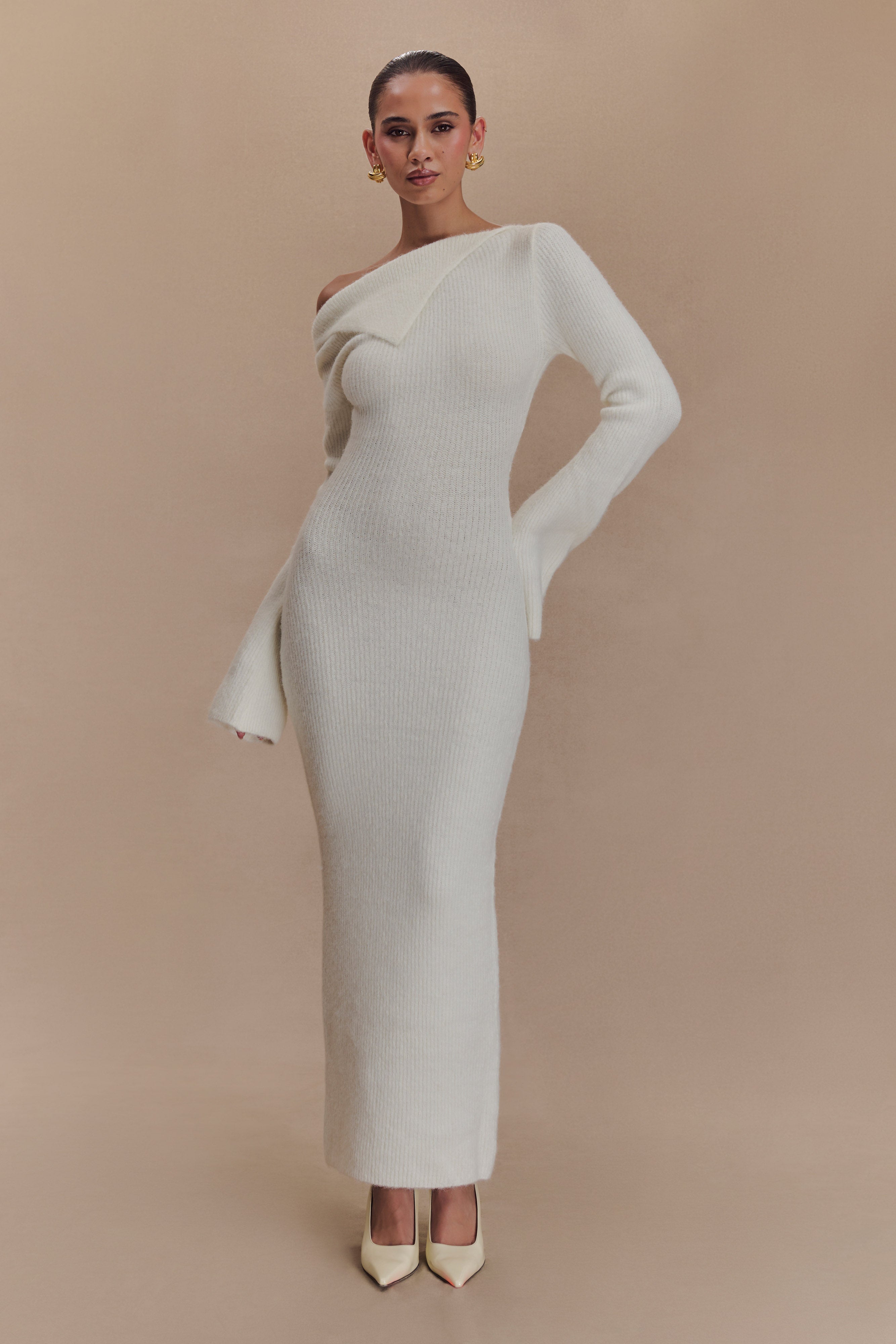 Magenta One Shoulder Fluffy Knit Midi Dress - Ivory、mySite、solidvoid