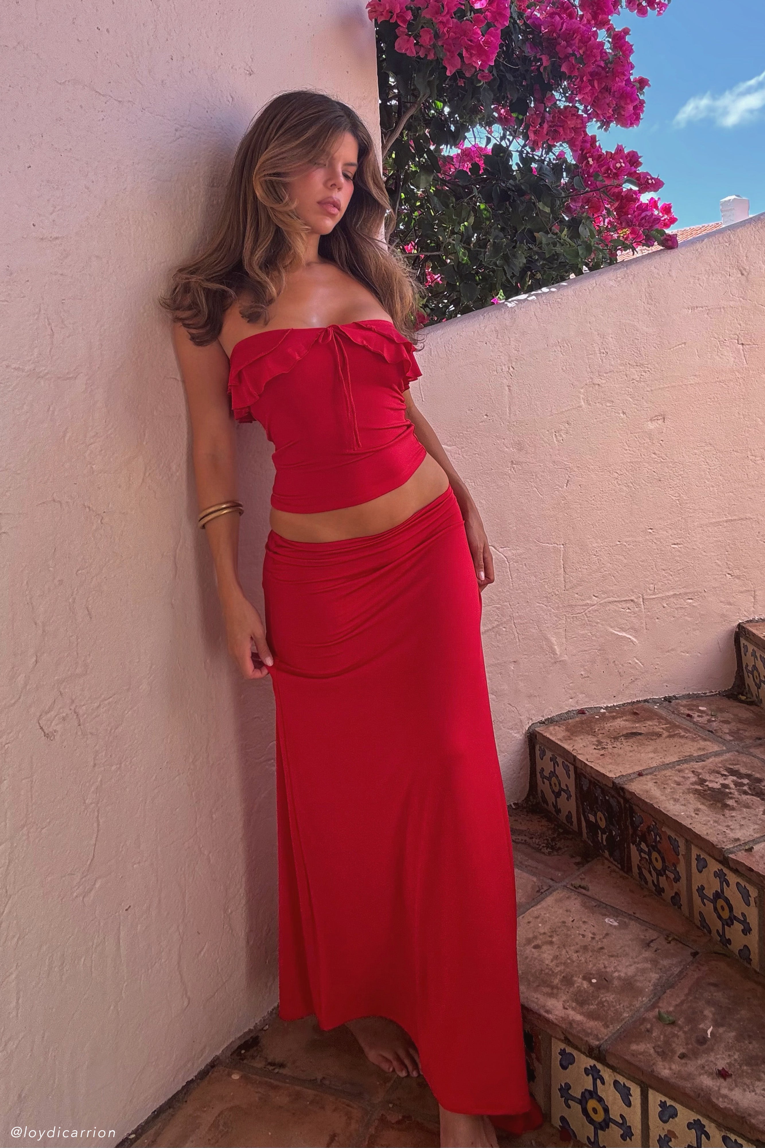 Bea Asymmetrical Slinky Maxi Skirt - Pomegranate、mySite、solidvoid