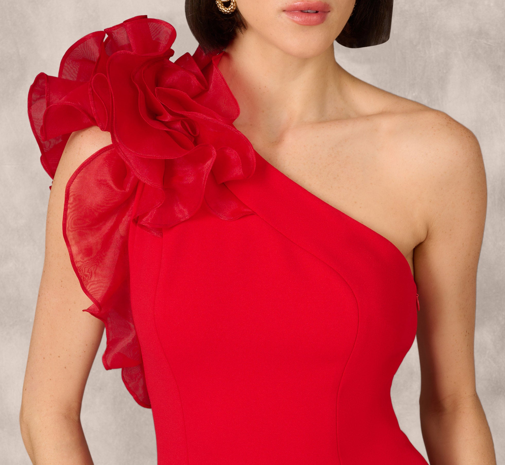 One Shoulder Mermaid Dress With Organza Sleeve In Red、mySite、solidvoid