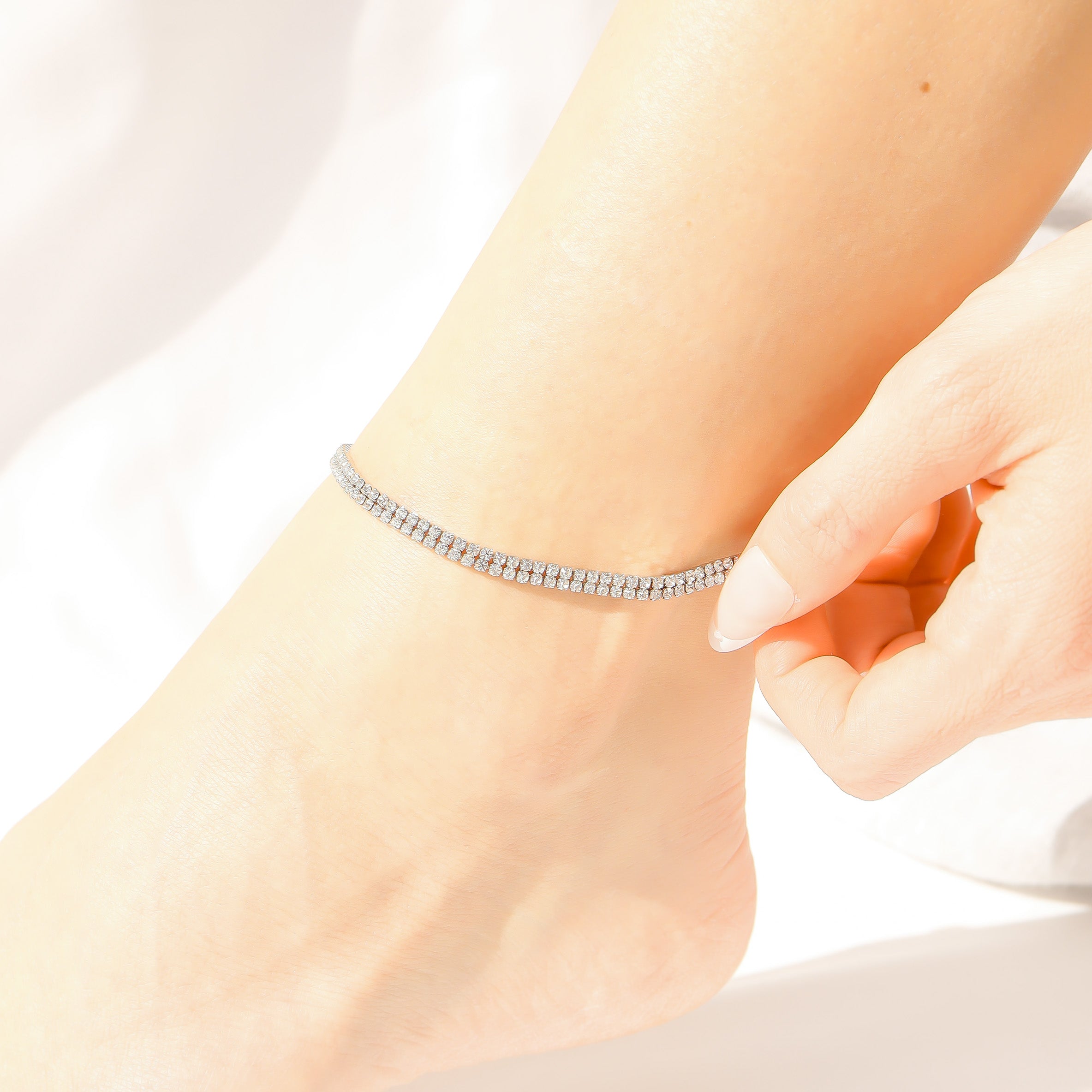 18K Gold PVD Stainless Steel Double Row Rhinestone Anklet / BRJ1057、mySite、dreamappss