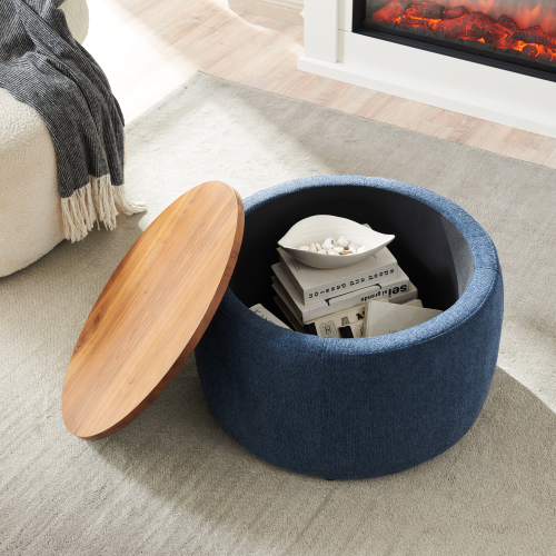 Round Storage Ottoman, 2 in 1 Function, Work as End table and Ottoman, Navy (25.5"x25.5"x14.5")、、casual