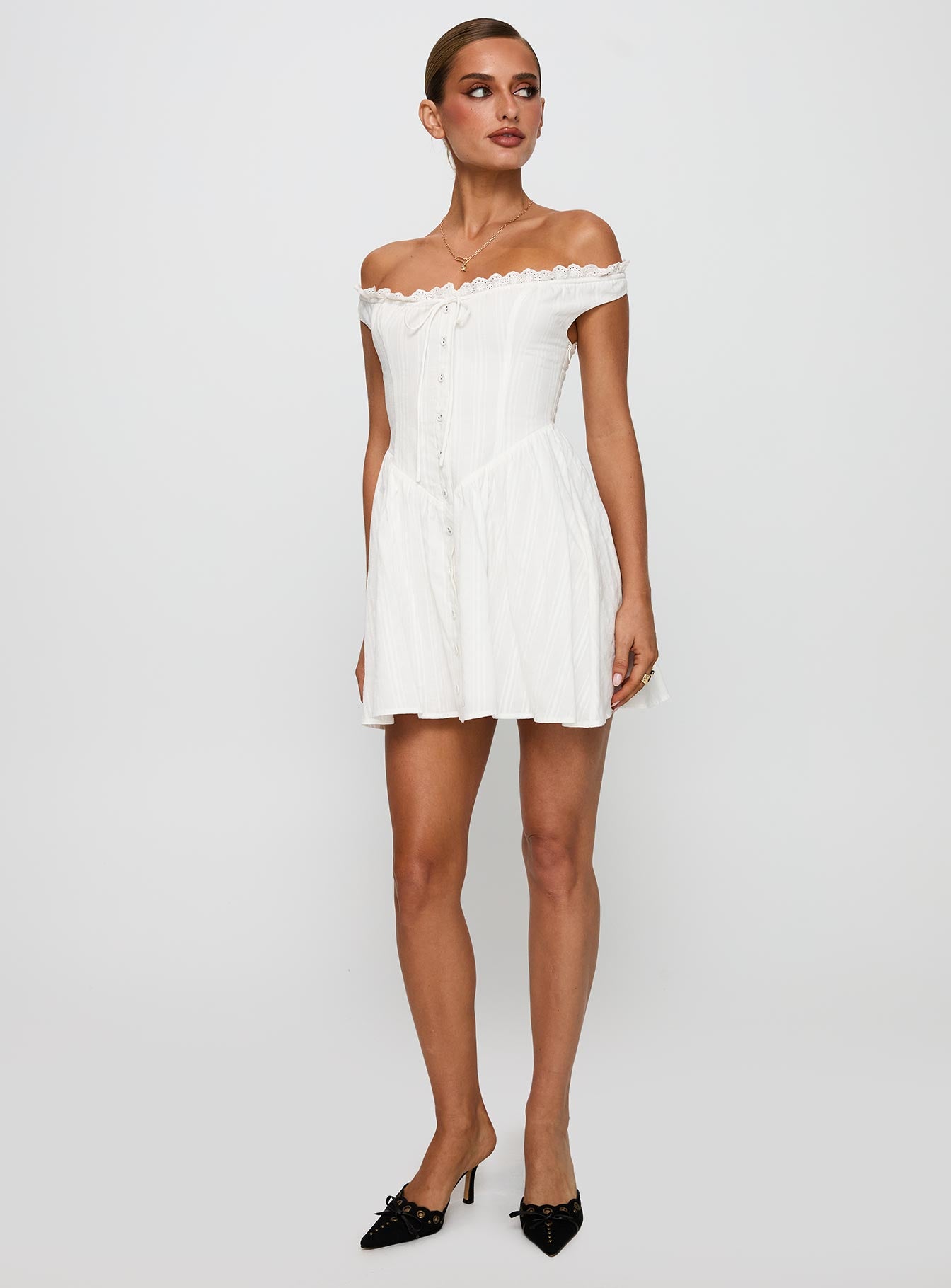 White Horse Off The Shoulder Mini Dress White、mySite、solidvoid