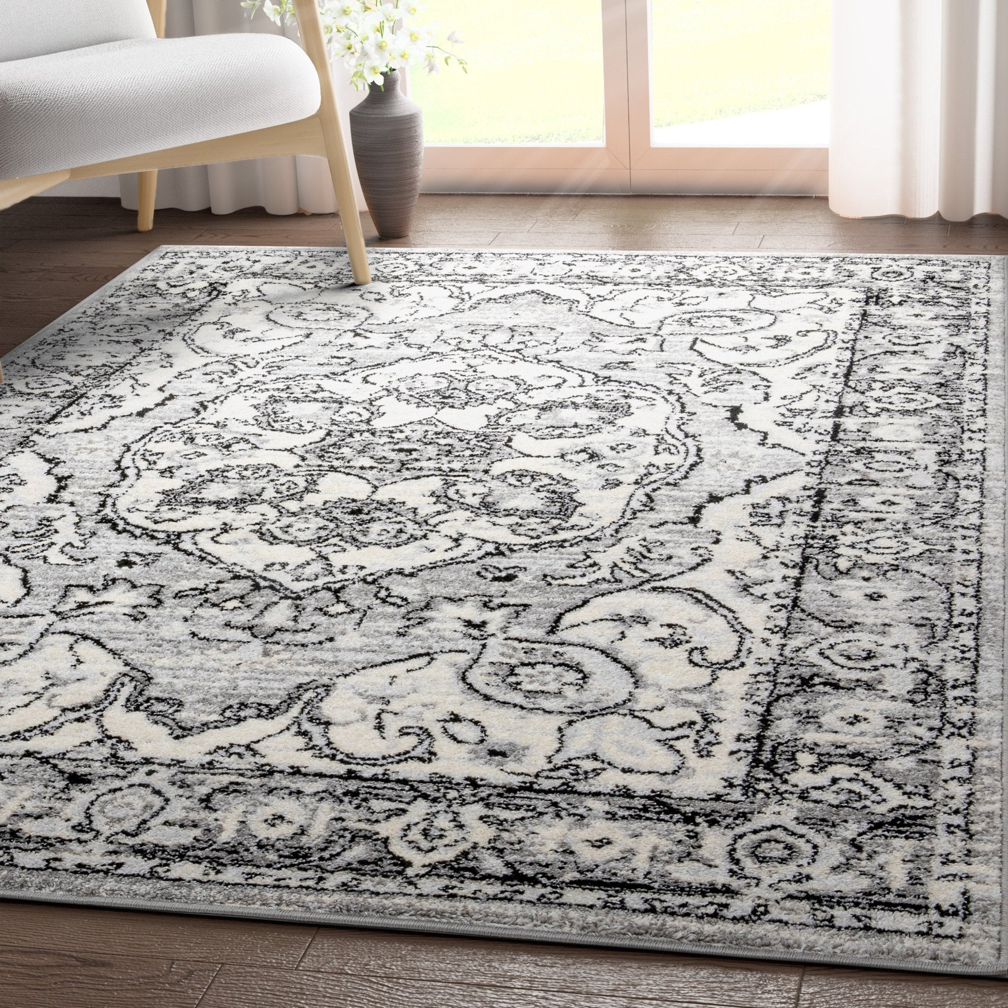 Arctic Bloom Medallion Oriental Ivory Grey High-Low Rug、mySite、gigharbornorthrealestate
