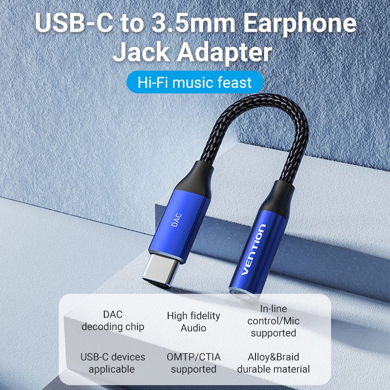 Cotton Braided USB-C Male to 3.5mm Female Audio Cable(DAC) 0.1M Blue Aluminum Alloy Type、mySite、fannypackpong