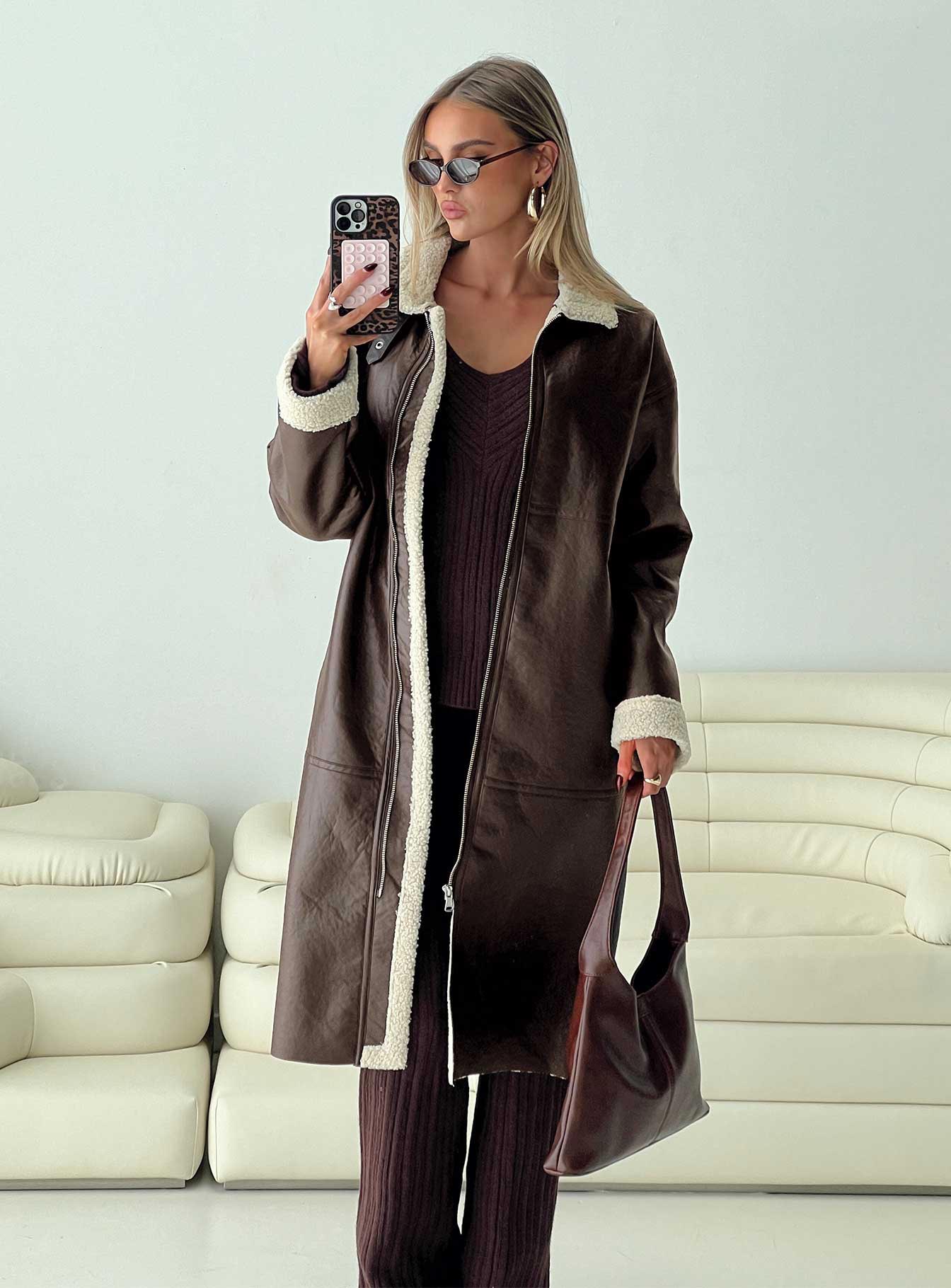 Ammelia Shearling Long-line Jacket Brown、mySite、solidvoid