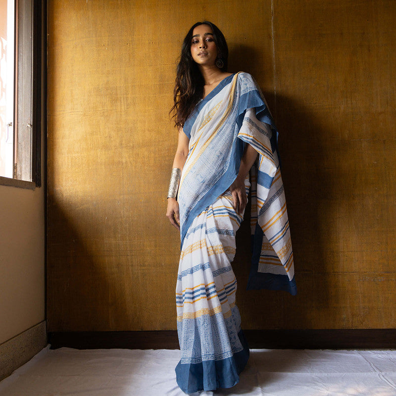 Cotton Printed Saree | Hand Block Print | White & Blue、mySite、camillekostekn