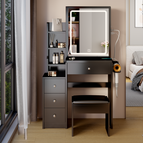 29.2" Small Size Left Bedside Cabinet Vanity Table + Cushioned Stool, Large Sliding, Touch Control, Tri-color Switching, Brightness Adjust LED Mirror, High Capacity Storage, Suitable for Small Space、、xpatfood