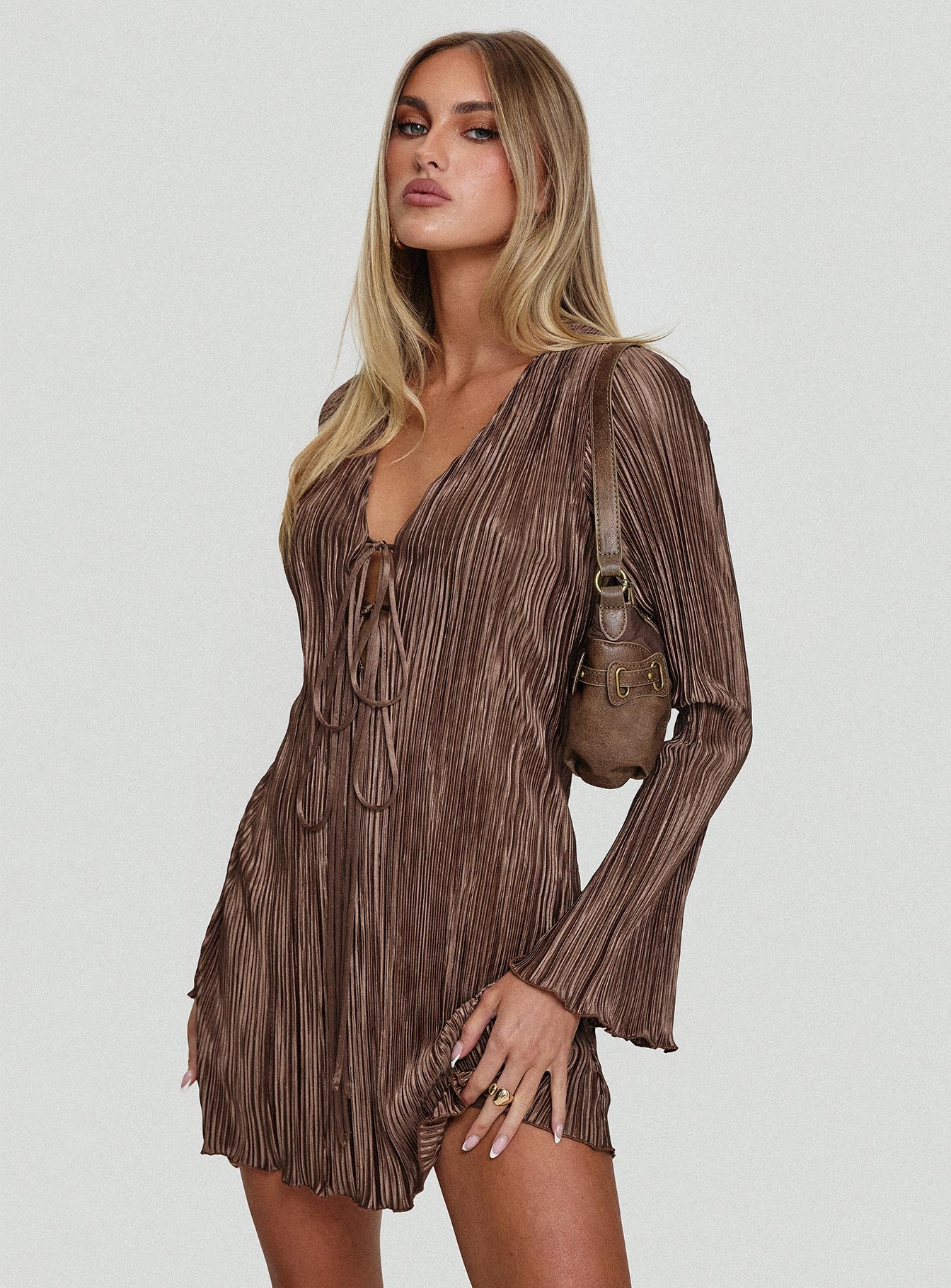 Malop Long Sleeve Mini Dress Chocolate、mySite、solidvoid