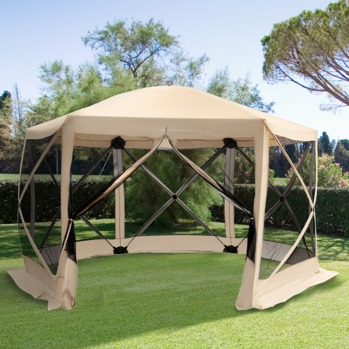 Outsunny 12' x 12' Hexagon Screen House, Pop Up Tent Portable Gazebo Canopy Shelter with Mesh Netting Walls, Carry Bag and Shaded Interior, Beige、、eastwooduniform