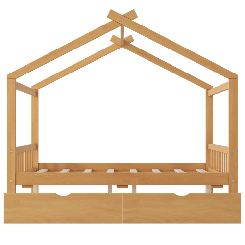 Twin Size House Platform Bed with Headboard and Footboard,Roof Design,Natural、、casual