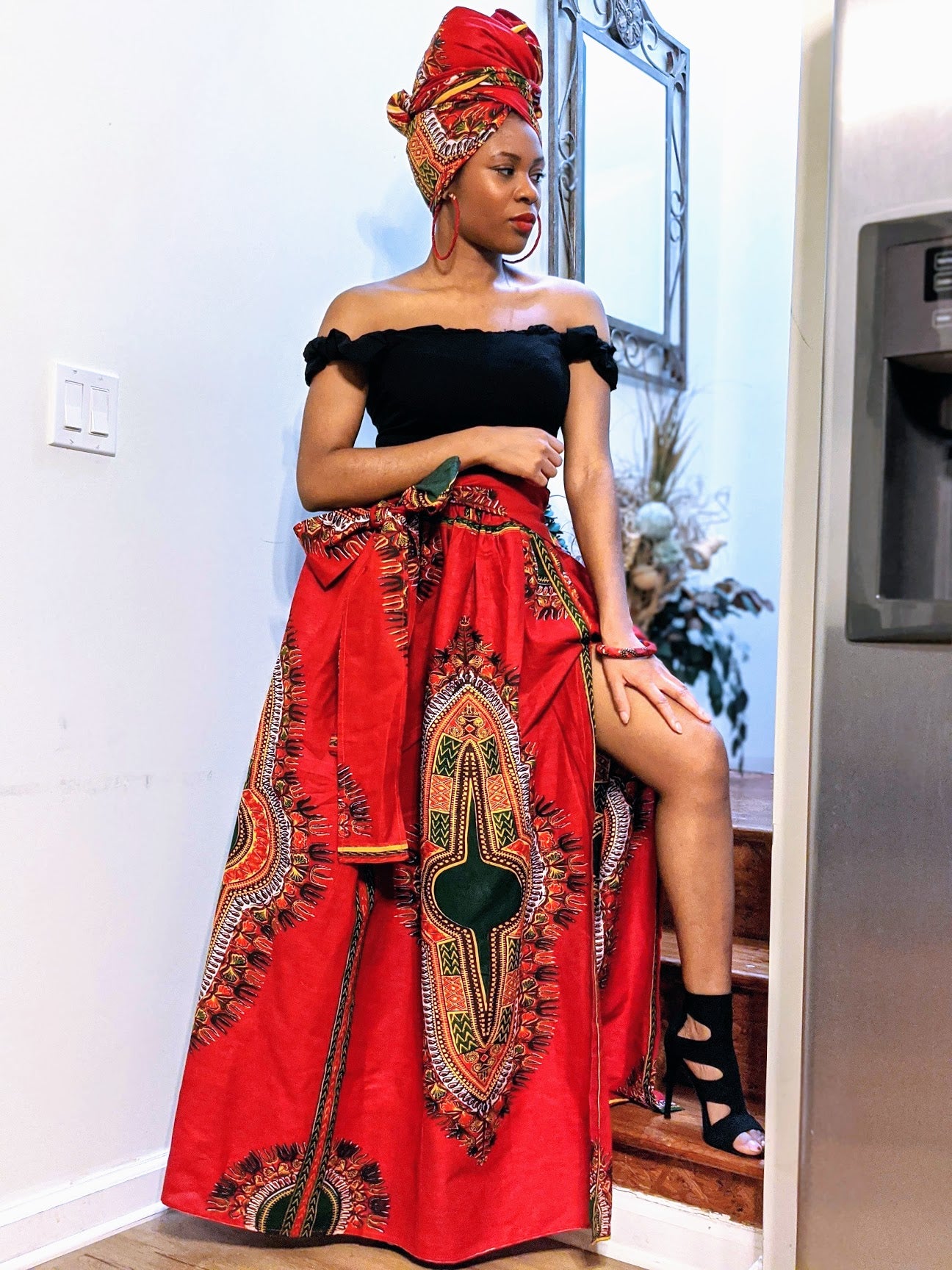 Red Dashiki African Print High Slit Skirt-DP3975SK1、mySite、solidvoid