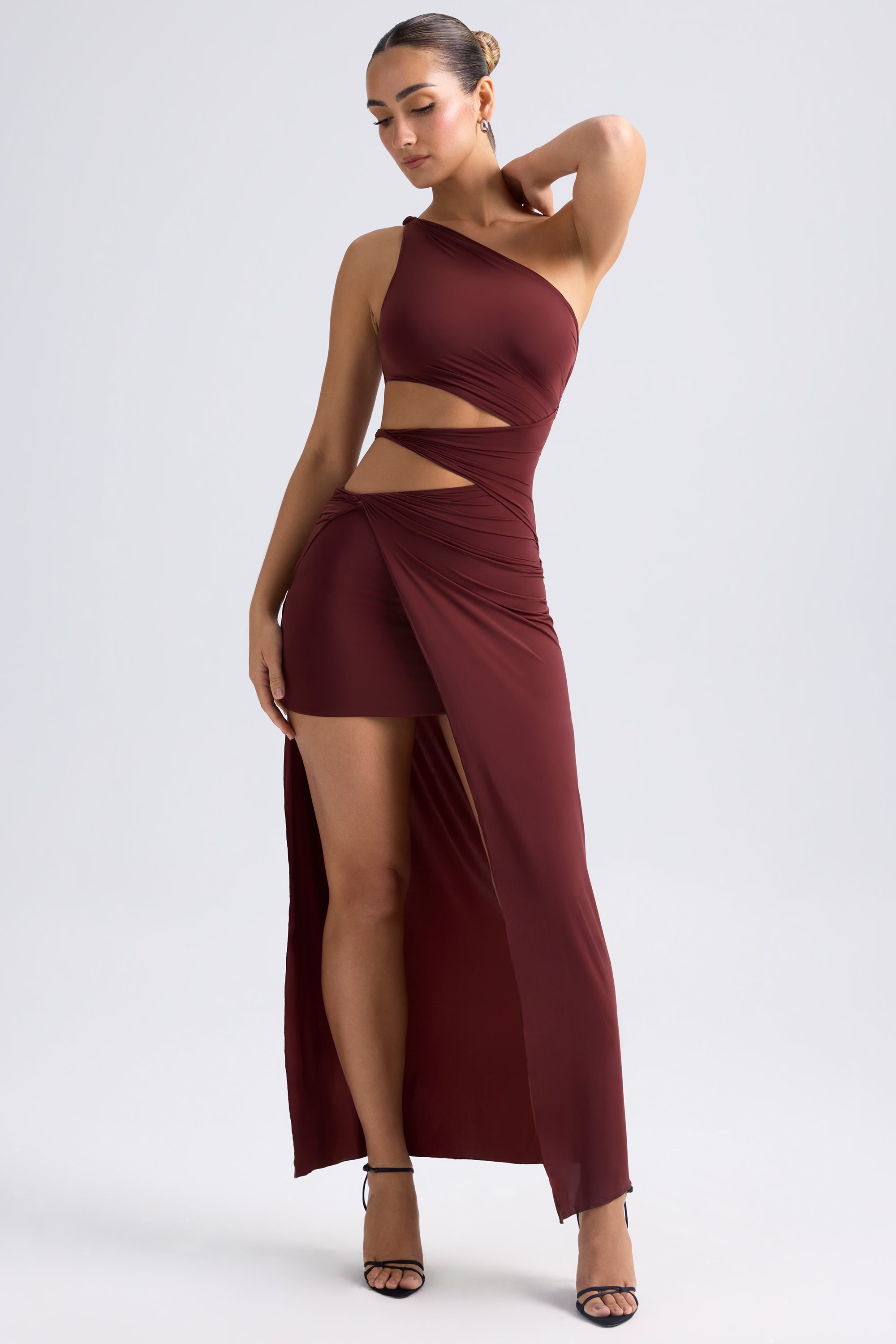 One-Shoulder Draped Cut-Out Maxi Dress in Chestnut Brown、mySite、solidvoid