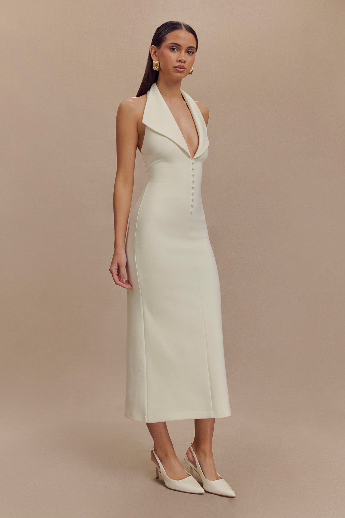 Annita Crepe Halter Midi Dress - Ivory、mySite、solidvoid