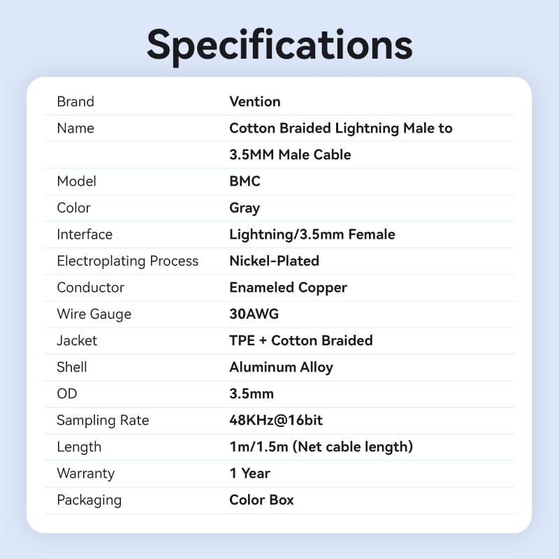 Vention Cotton Braided Lightning Male to 3.5MM Male Cable Aluminum Alloy Type、mySite、fannypackpong