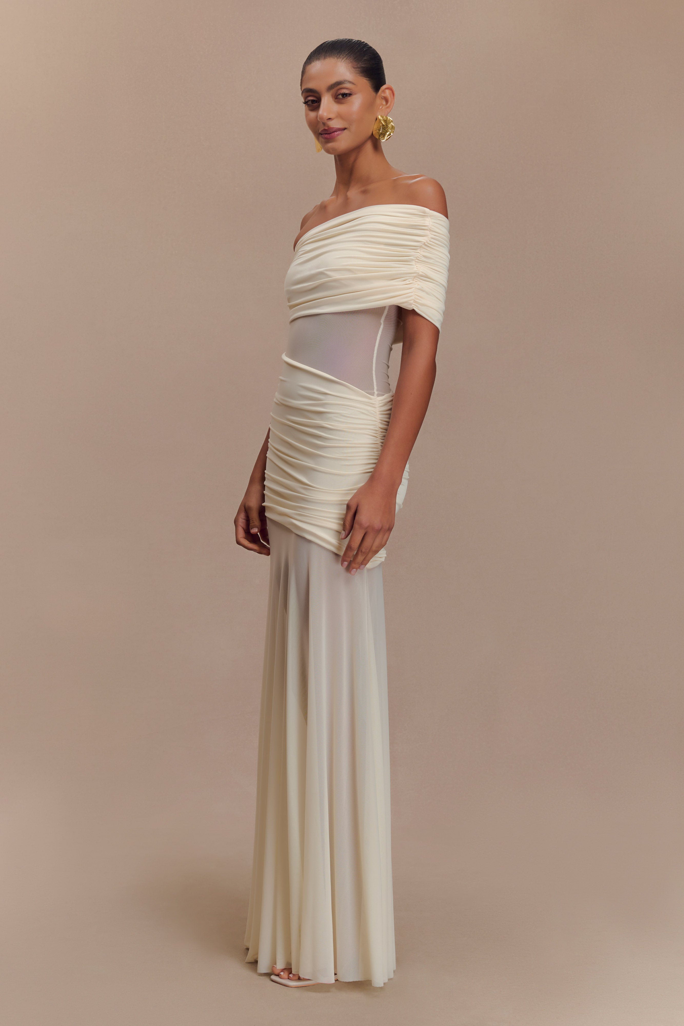 Dallas One Shoulder Mesh Maxi Dress - Ivory、mySite、solidvoid