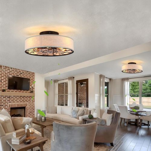 Caged Ceiling Fans with Lights Flush Mount,Low Profile Ceiling Fan with Remote,20 Inch Farmhouse White Ceiling Fan for Bedroom,6 Speeds Reversible Silent Fandalier (Bulb Not Included)、、eastwooduniform