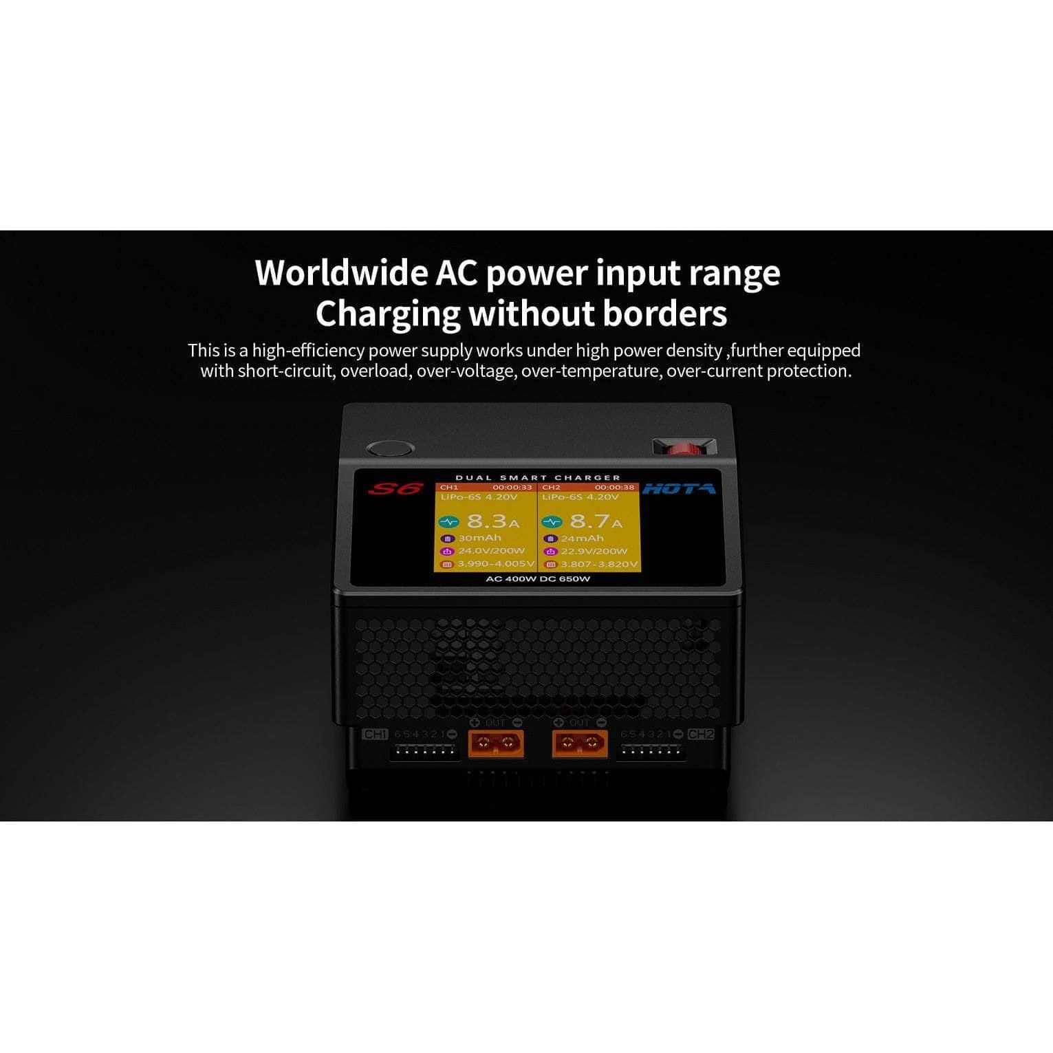  HOTA S6 400W 15A 1-6S Dual Channel AC/DC Smart Charger - Black、mySite、merchandisen