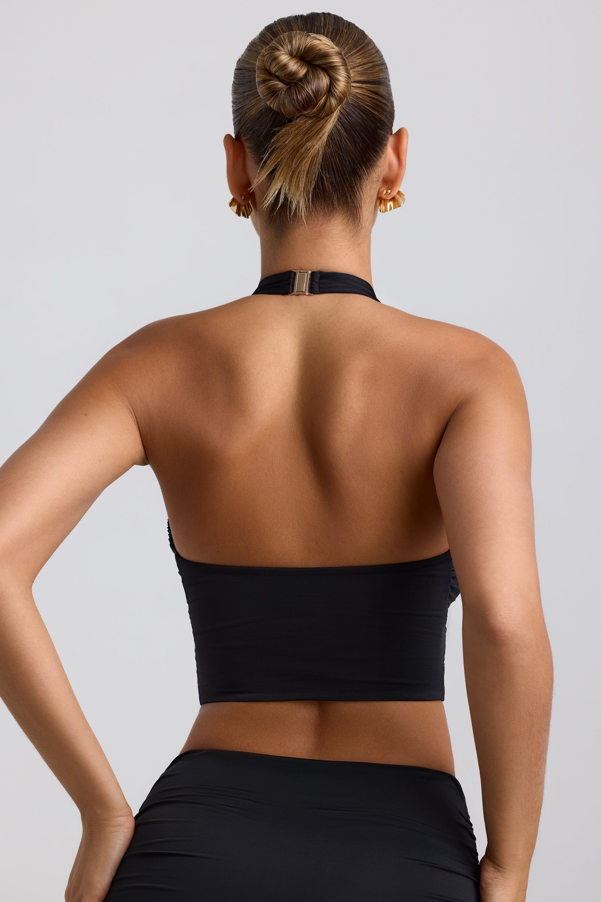 Slinky Jersey Ruched Halterneck Top in Black、mySite、solidvoid