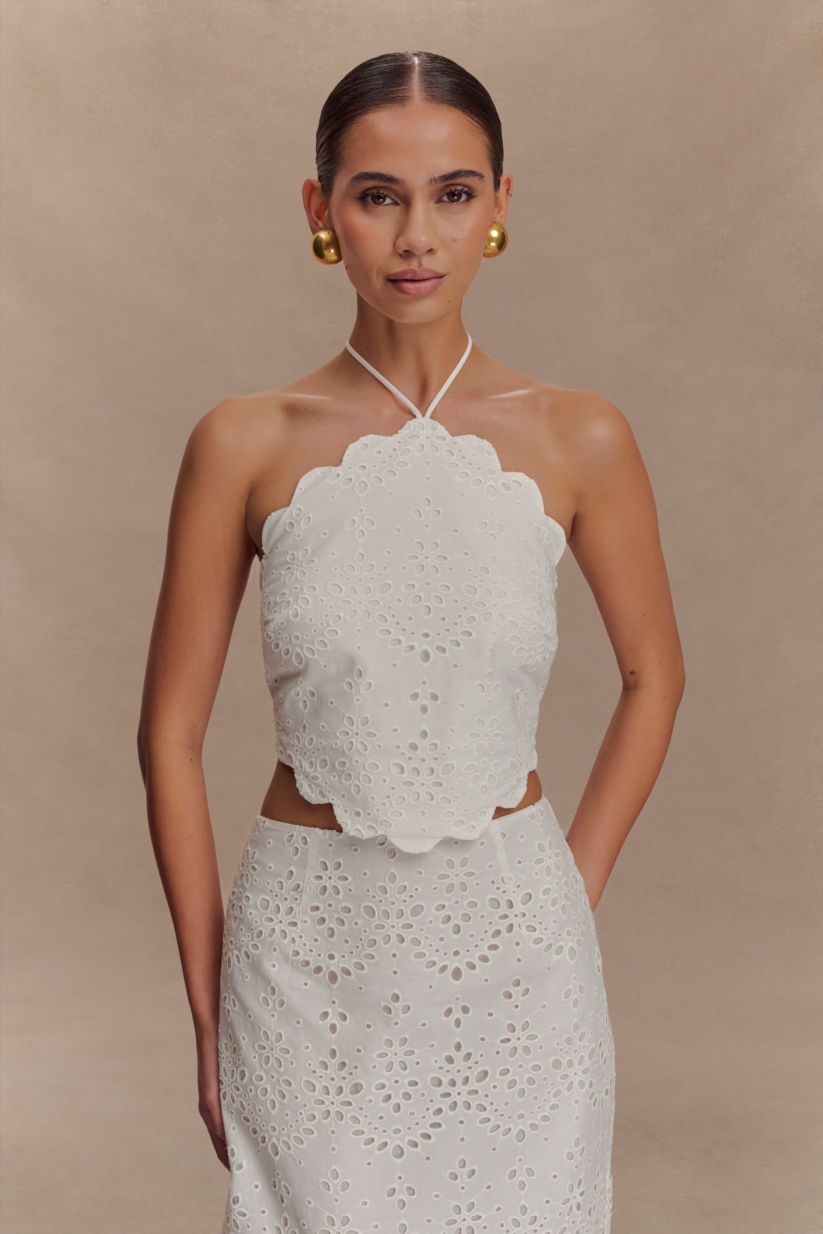 Kensley Broderie Halter Top - White、mySite、solidvoid