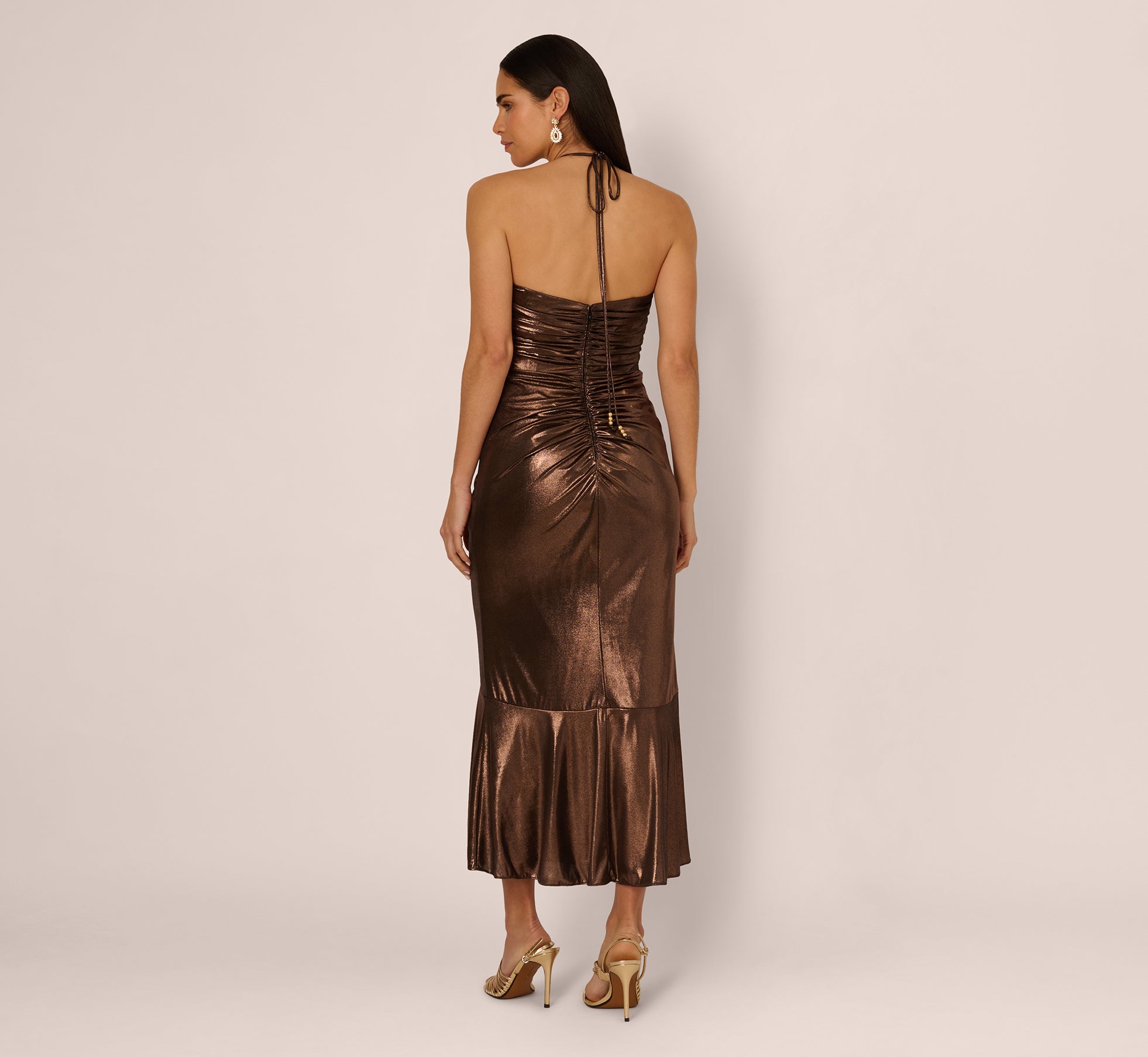 Foil Ruched Ruffle Halter Midi Dress In Cinnamon、mySite、solidvoid