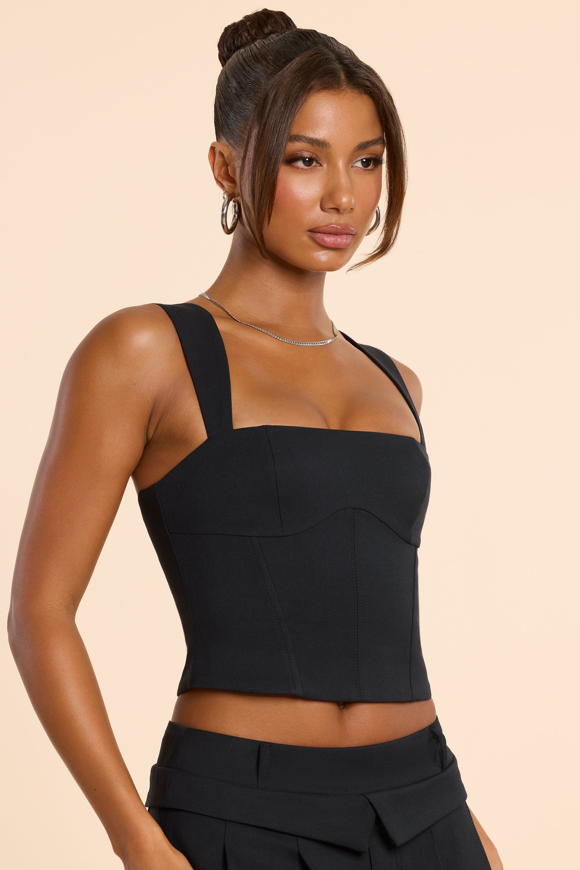 Brushed Twill Square Neck Tailored Top in Black、mySite、solidvoid