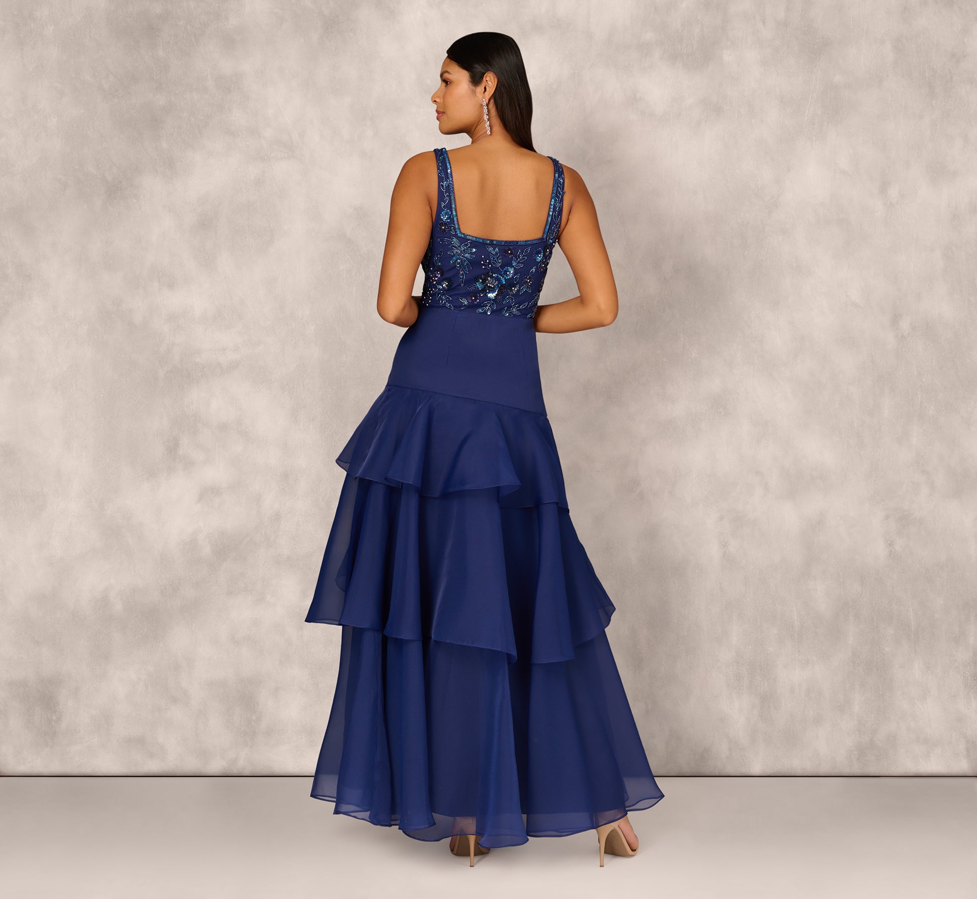 Tiered Organza Gown With Beaded Bodice In Navy、mySite、solidvoid