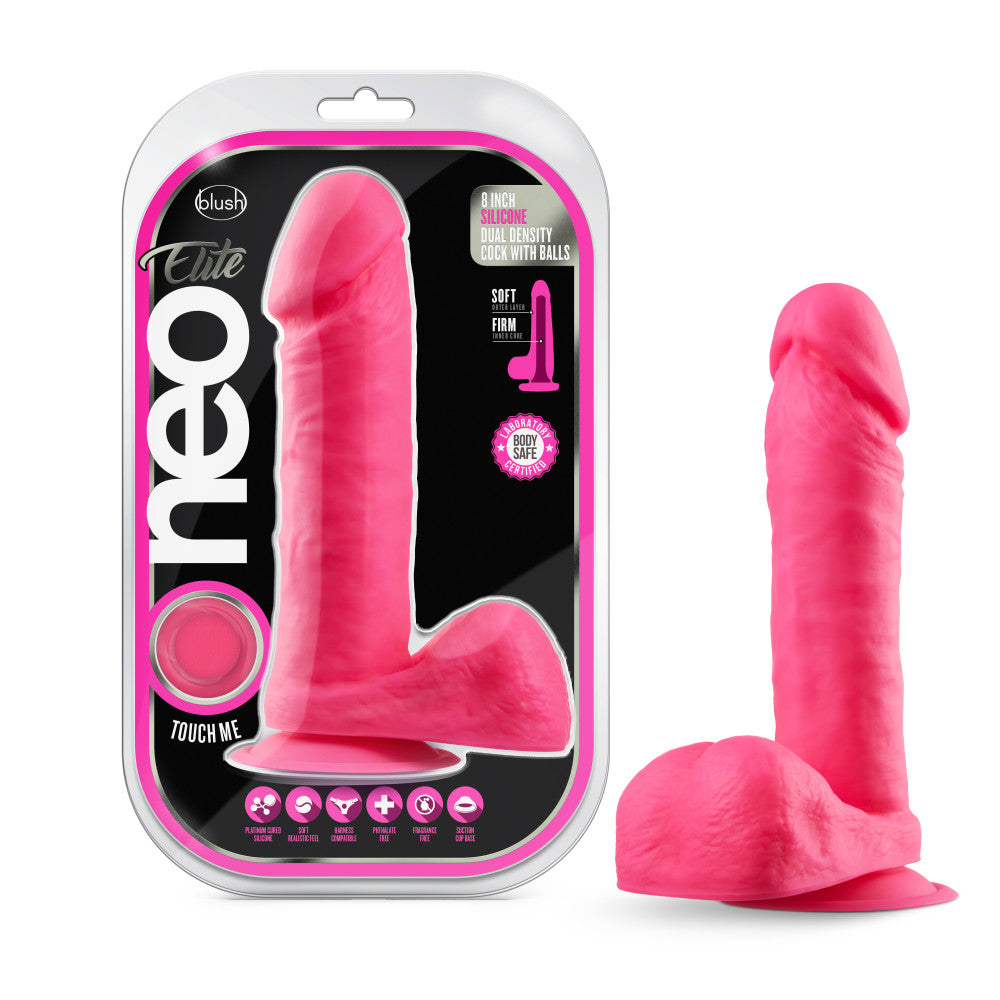 Neo Elite By Blush® | Neon Pink: 8-Inch Long Dildo - Made with Purio™ Silicone & SensaFeel® Dual Density Realistic Technology、mySite、bottomscart