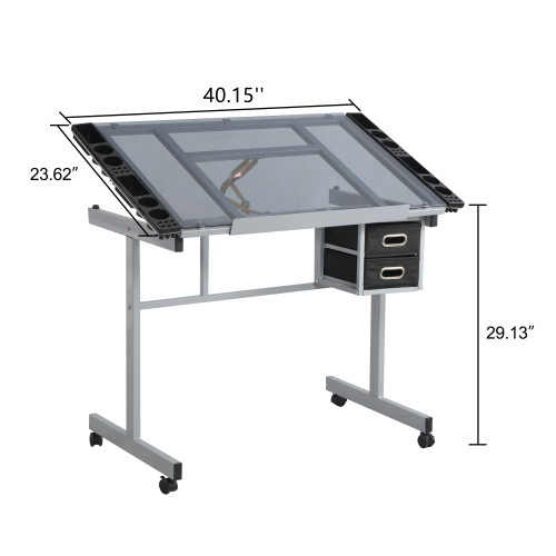 Adjustable Art Drawing Desk Craft Station Drafting with 2 Non-woven fabric Slide Drawers and 4 Wheels、、casual