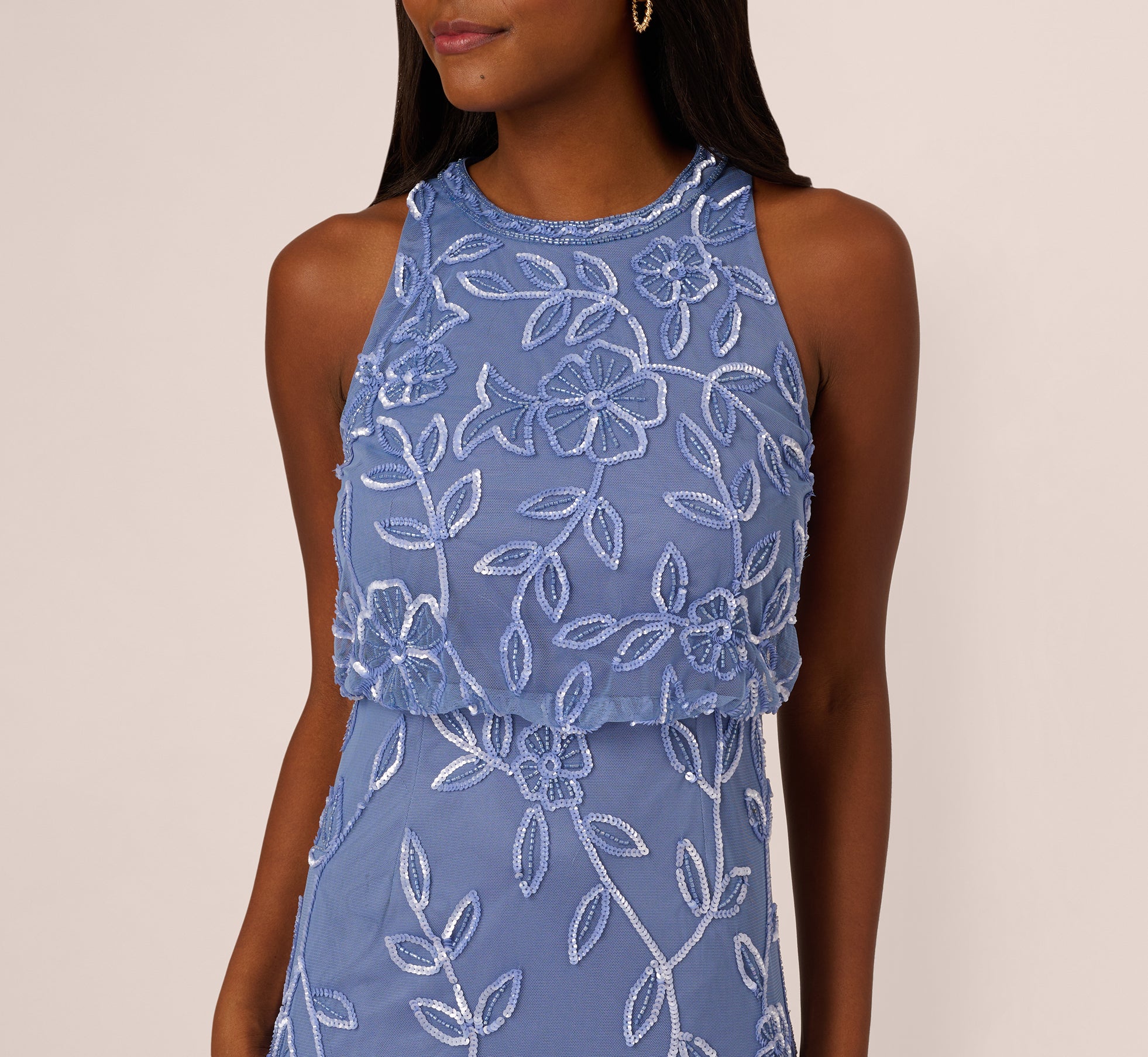 Sleeveless Blouson Mermaid Gown With Jasmine Beading In French Blue、mySite、solidvoid