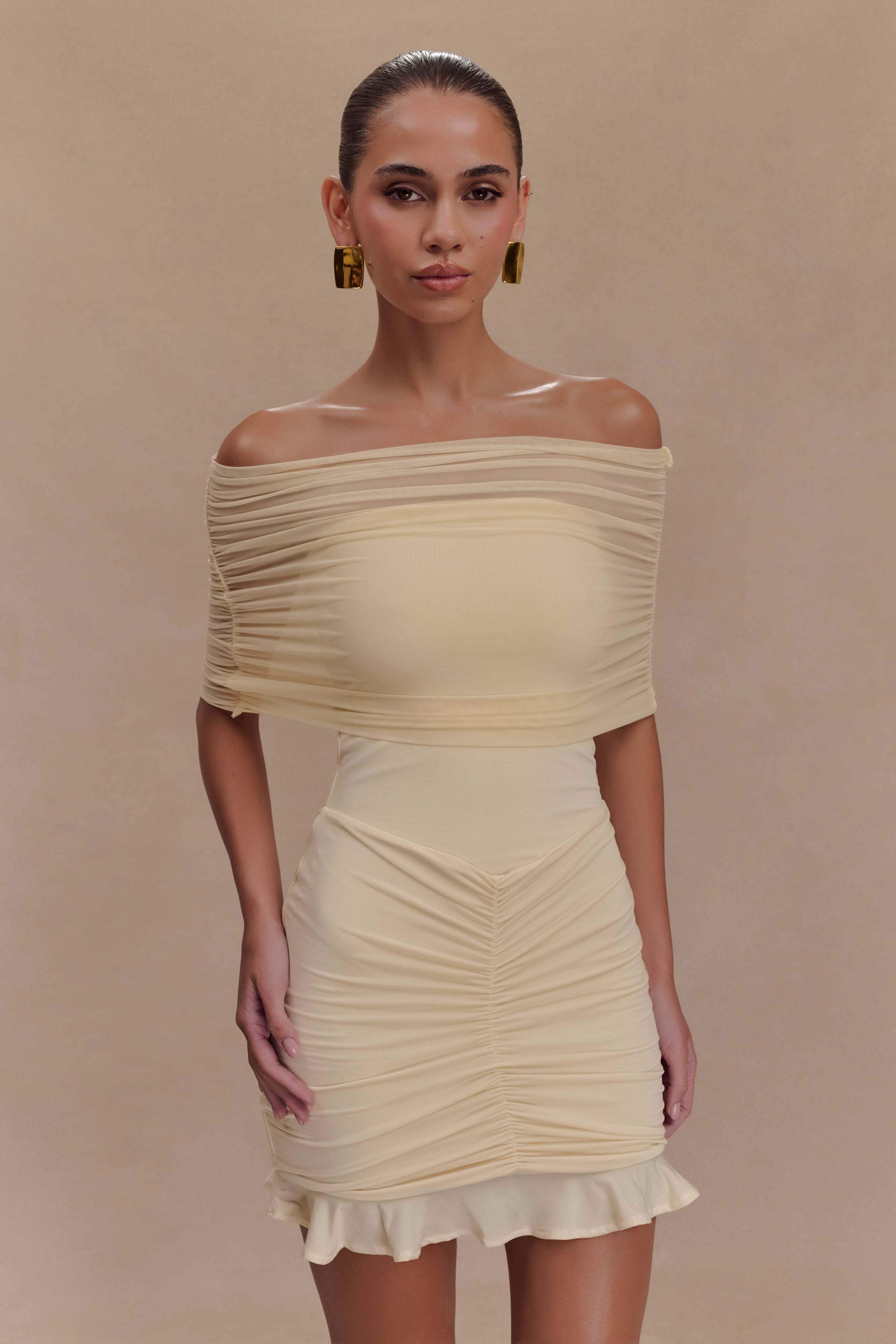 Caspian Slinky And Mesh Off Shoulder Mini Dress - Ivory、mySite、solidvoid