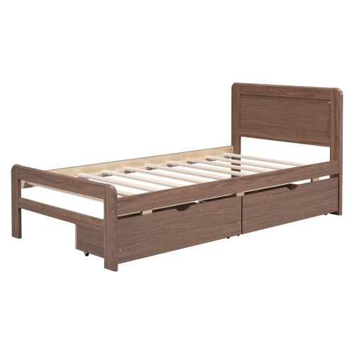 Modern Design Twin Size Platform Bed Frame with 2 Drawers for Walnut Color、、xpatfood
