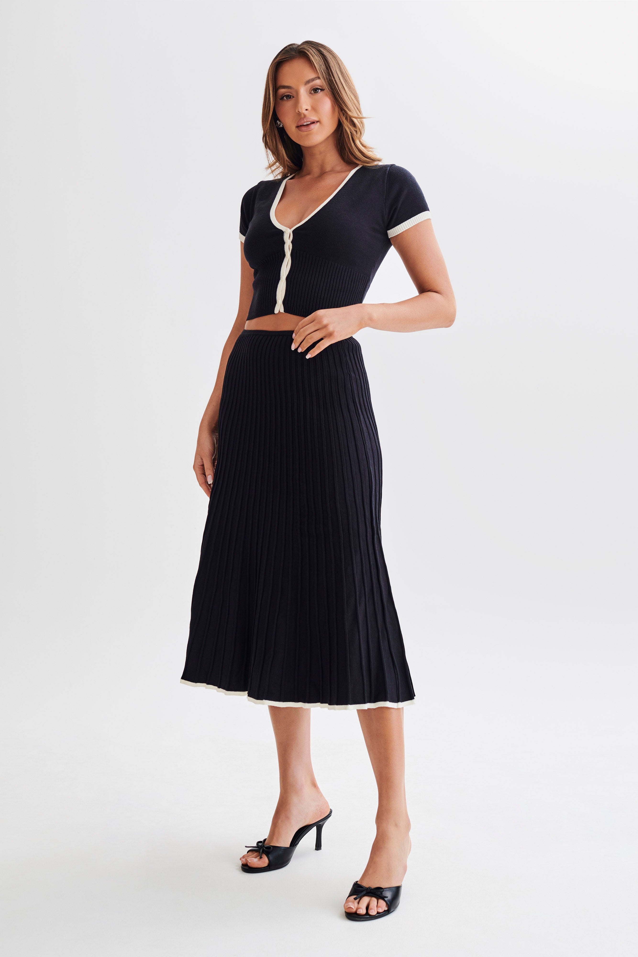 Jolene Contrast Rib Knit Midi Skirt - Black、mySite、solidvoid