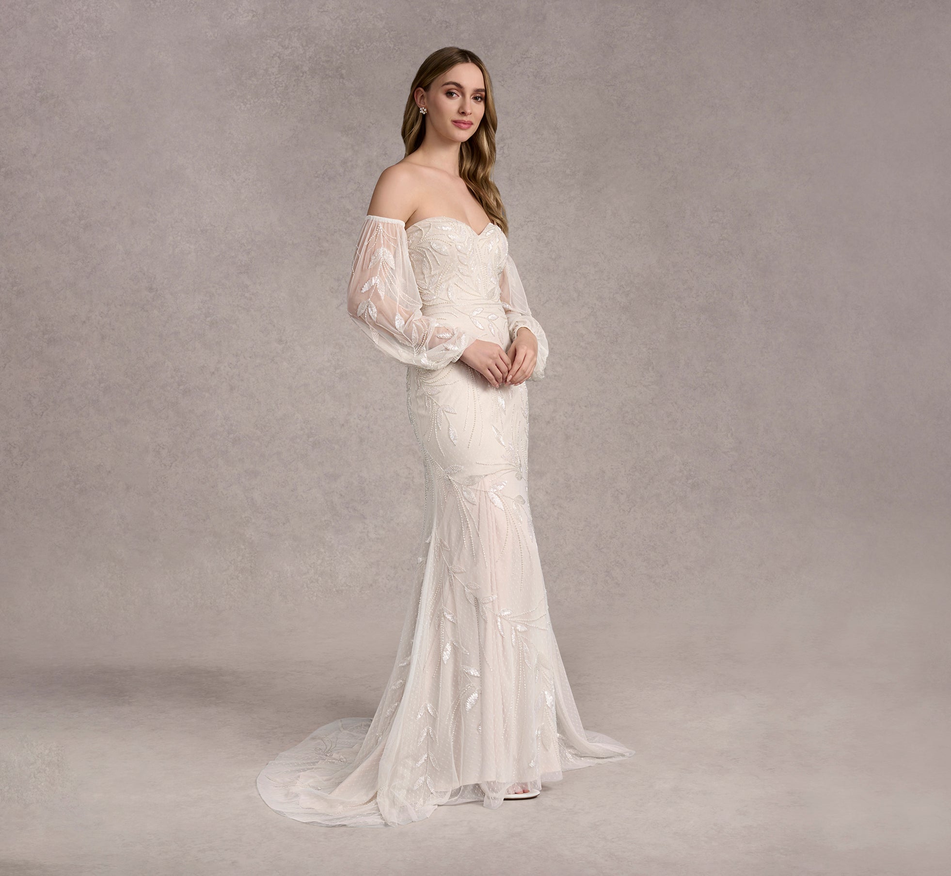 Hand Beaded Strapless Fit And Flare Gown With Detachable Puff Sleeves In Ivory/Pearl In Ivory Pearl、mySite、solidvoid