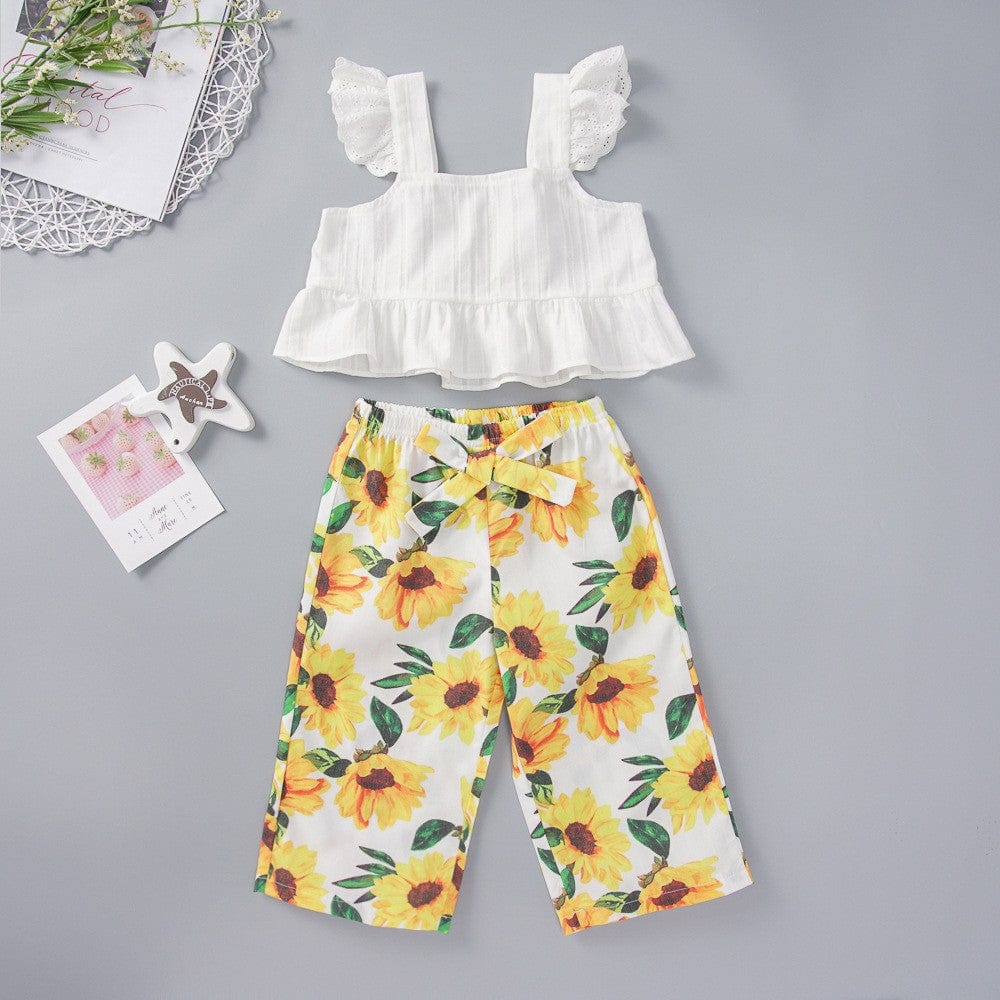 Square Neck White Tank and Sunflower Print Pants Set for Toddler Girls、mySite、g9winljtr