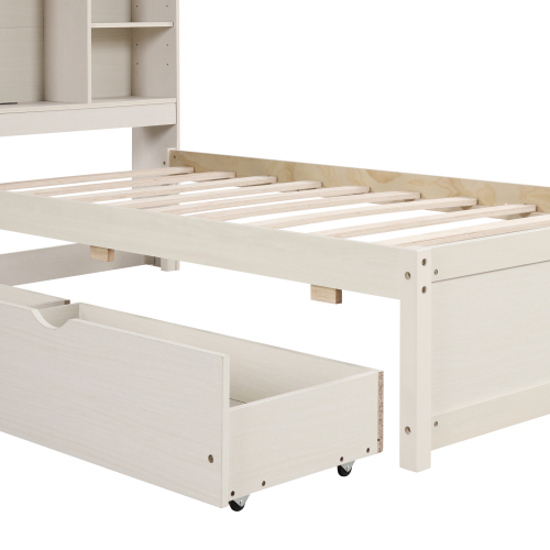 Modern Twin Size Bed Frame With Built-in USB Port on Bookcase Headboard and 2 Drawers for Grey Color、、xpatfood