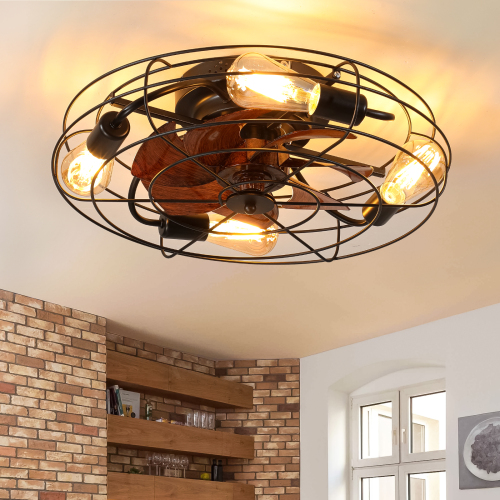 Caged Ceiling Fan With Light, 20'' farmhouse Low Profile Ceiling fan Lights With Remote Control, Modern Enclosed 4x E26 Bulb Ceiling Fans With Reversible Motor Living Room Bedroom Kitchen, Black、、eastwooduniform
