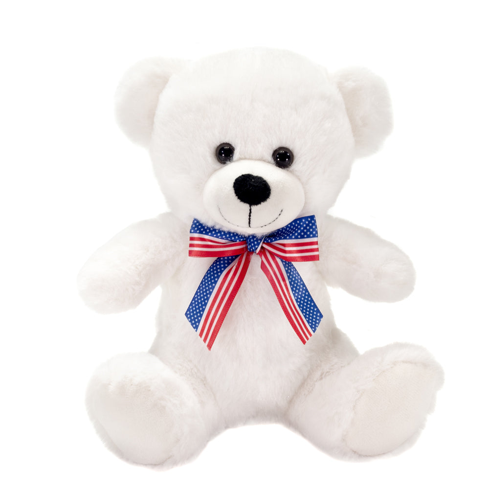 8IN SITTING WHITE BEAR WITH AMERICAN FLAG RIBBON、mySite、g9winljtr