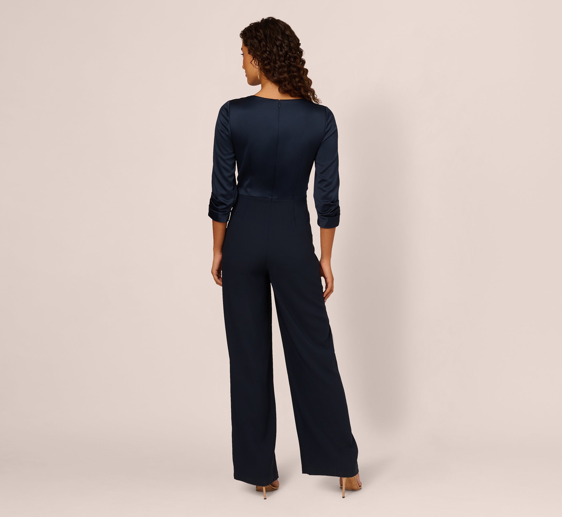 Satin Crepe Three Quarter Sleeve Jumpsuit With Buckle Waist In Dark Navy、mySite、solidvoid