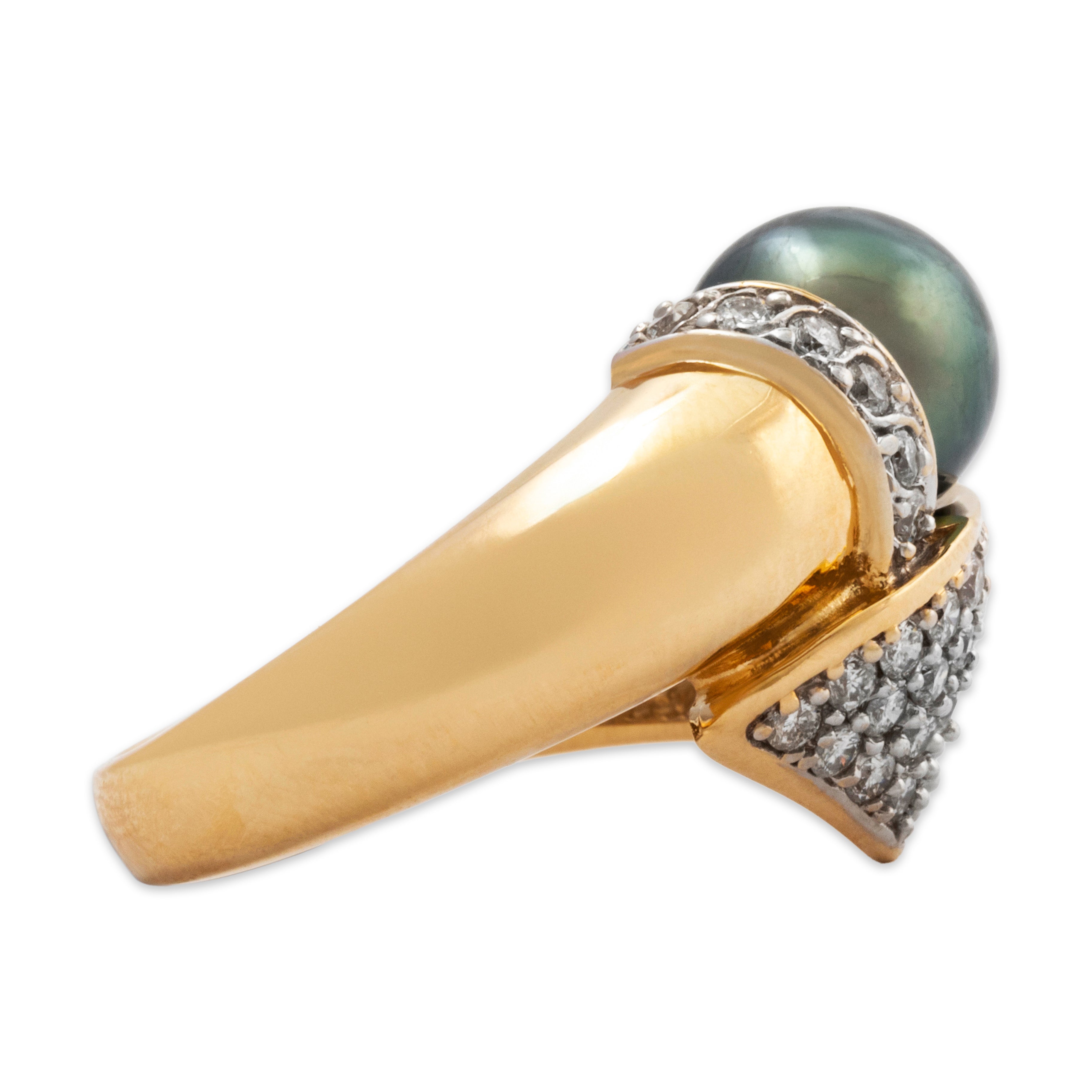 Vintage 14k Yellow Gold 1cttw Tahitian Pearl Diamond Opulent Modernist Ring 7.50、mySite、hinf8tx79