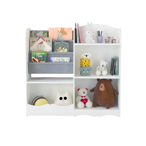 Kids Bookcase and Bookshelf, Multifunctional Bookcase with 3 Collapsible Fabric Drawers, Bookcase Display Stand, Toy Storage Organizer for Bedroom, Playroom, Hallway (White/Gray)、、casual