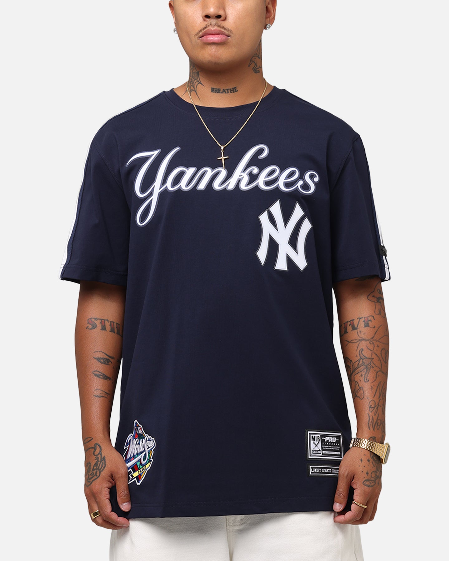 Pro Standard New York Yankees Classic Mesh Striped T-Shirt Midnight Navy、mySite、zt4zffjzw