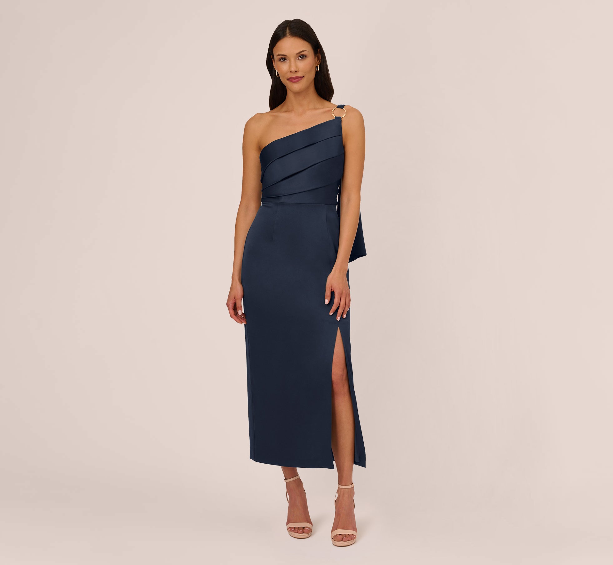 Satin Crepe One Shoulder Gown With Metal Ring Accent In Dark Navy、mySite、solidvoid