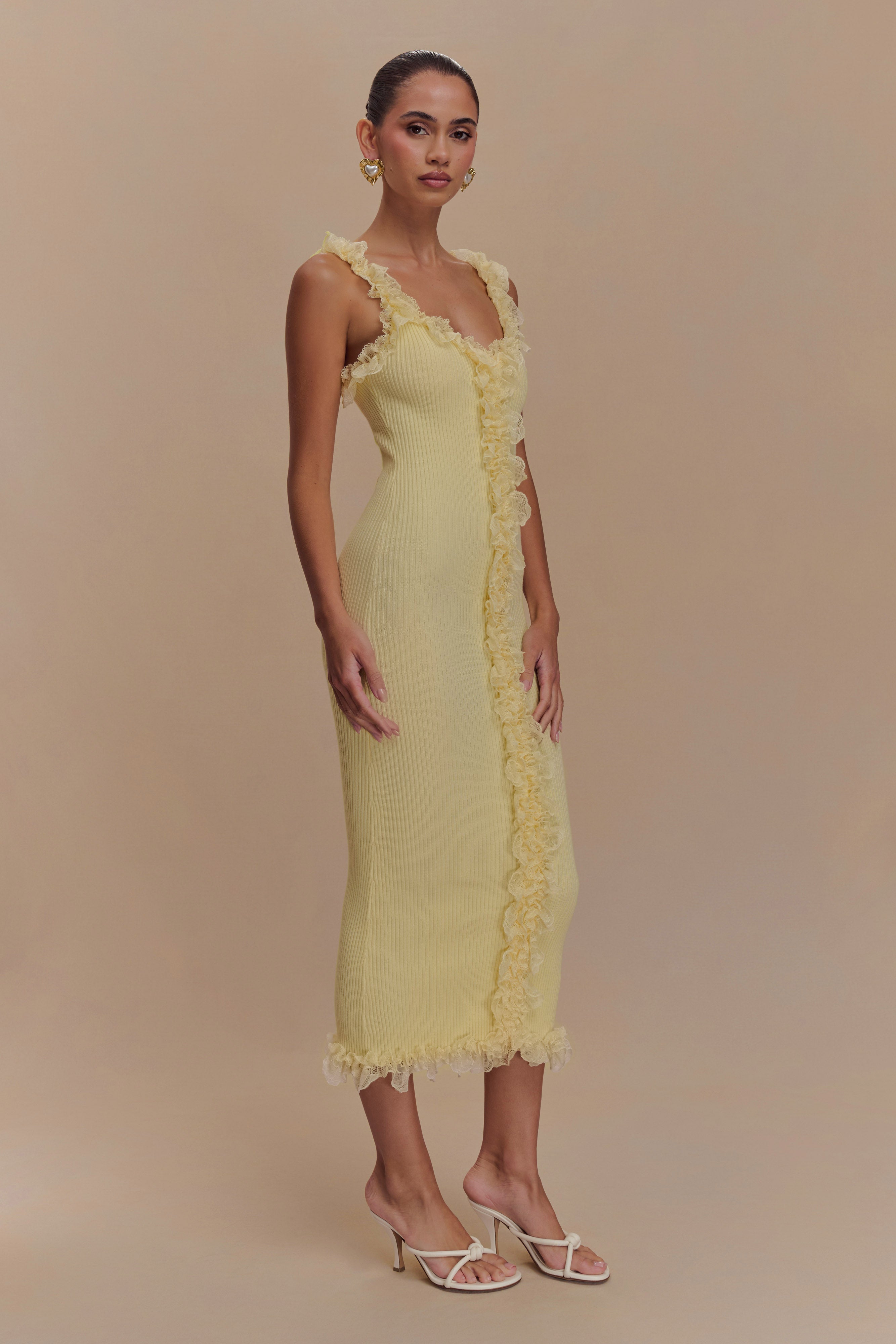 Shay Lace Ruffle Knit Midi Dress - Lemon、mySite、solidvoid