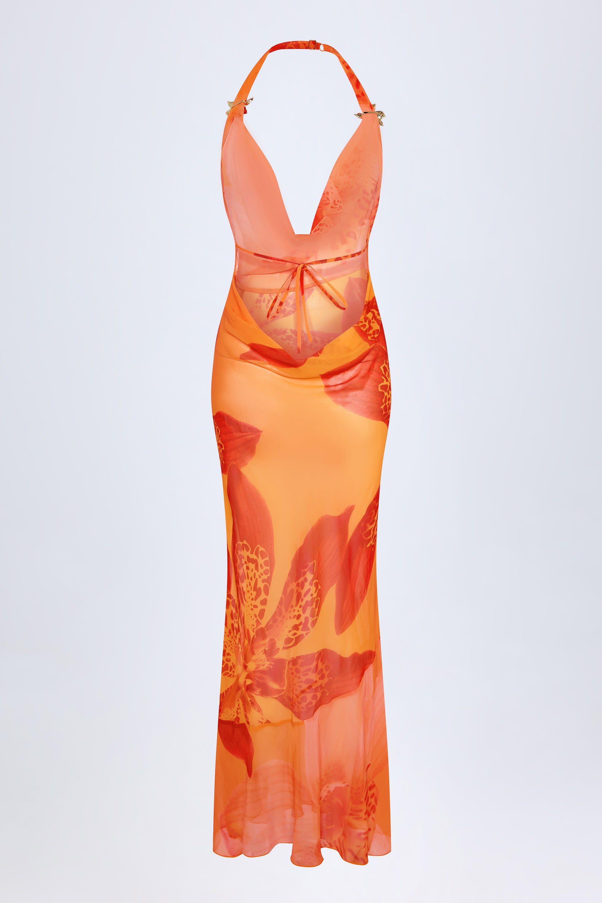  Cowl-Neck Hardware-Detail Maxi Dress in Orange Orchid Print、mySite、sugarbowlscore