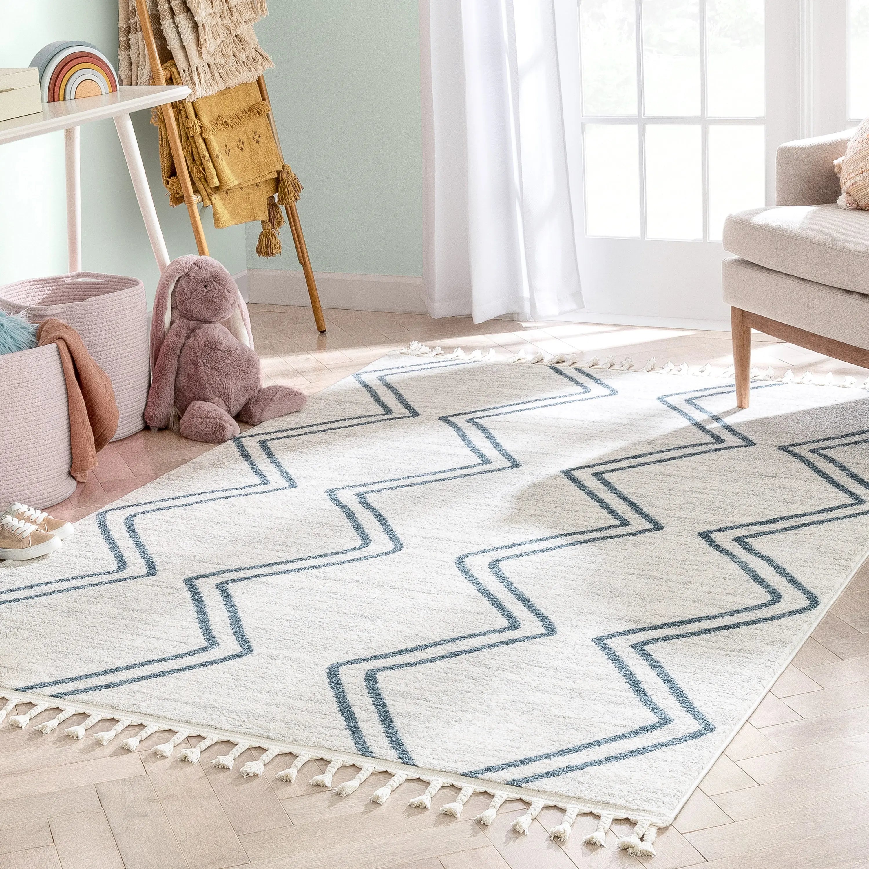 Reeve Modern Chevron Zig-Zag Blue Ivory Kids Rug、mySite、gigharbornorthrealestate