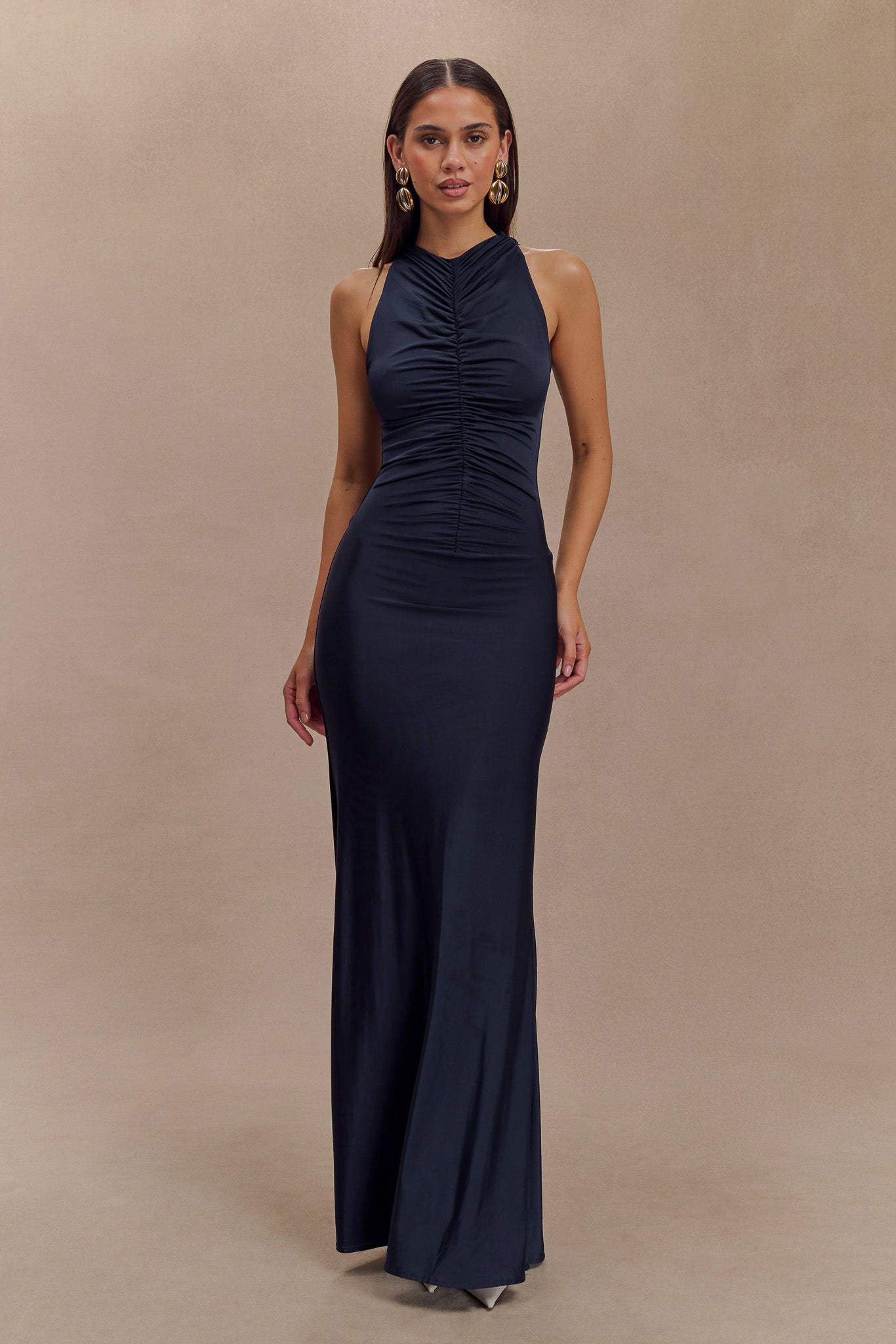 Priya Slinky Ruched Halter Maxi Dress - Navy、mySite、solidvoid